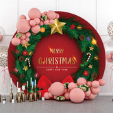 Lofaris Green Leaves Round Navy Red Merry Christmas Backdrop